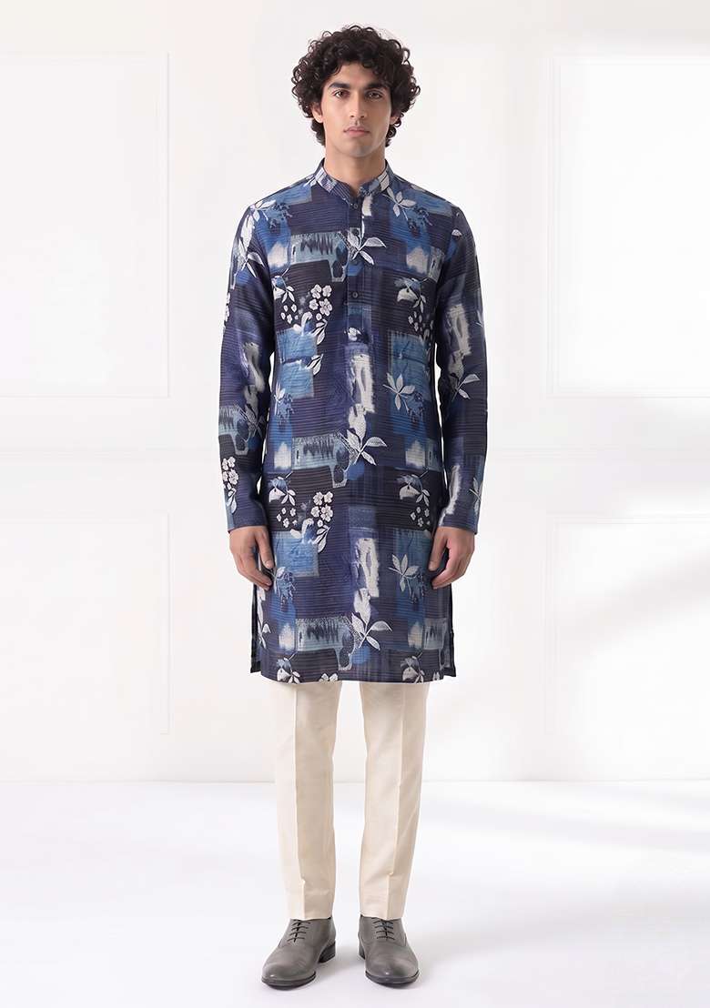 Navy Blue Printed Cotton Kurta Set For Men - Indya