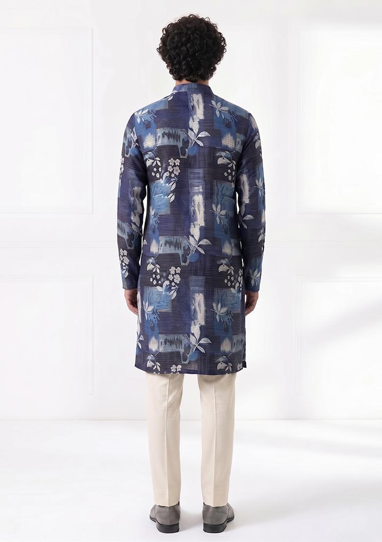 Navy Blue Printed Cotton Kurta Set For Men - Indya