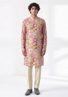 Multi Color Printed Cotton Kurta Set For Men