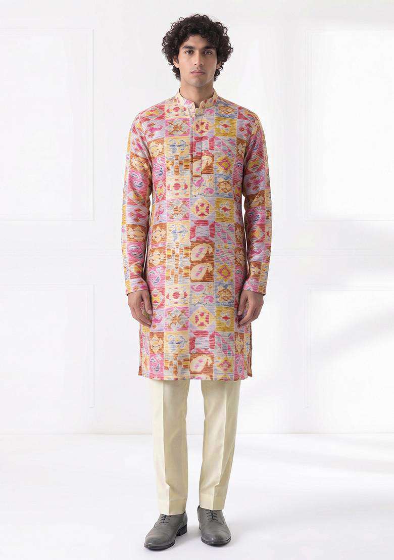 Multi Color Printed Cotton Kurta Set For Men - Indya