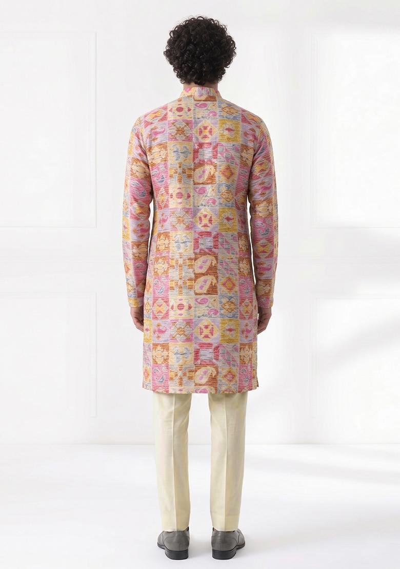 Multi Color Printed Cotton Kurta Set For Men - Indya