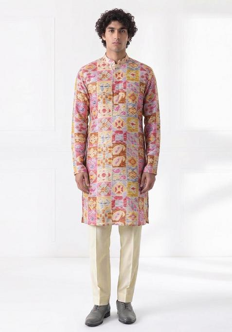 Multi Color Printed Cotton Kurta Set For Men