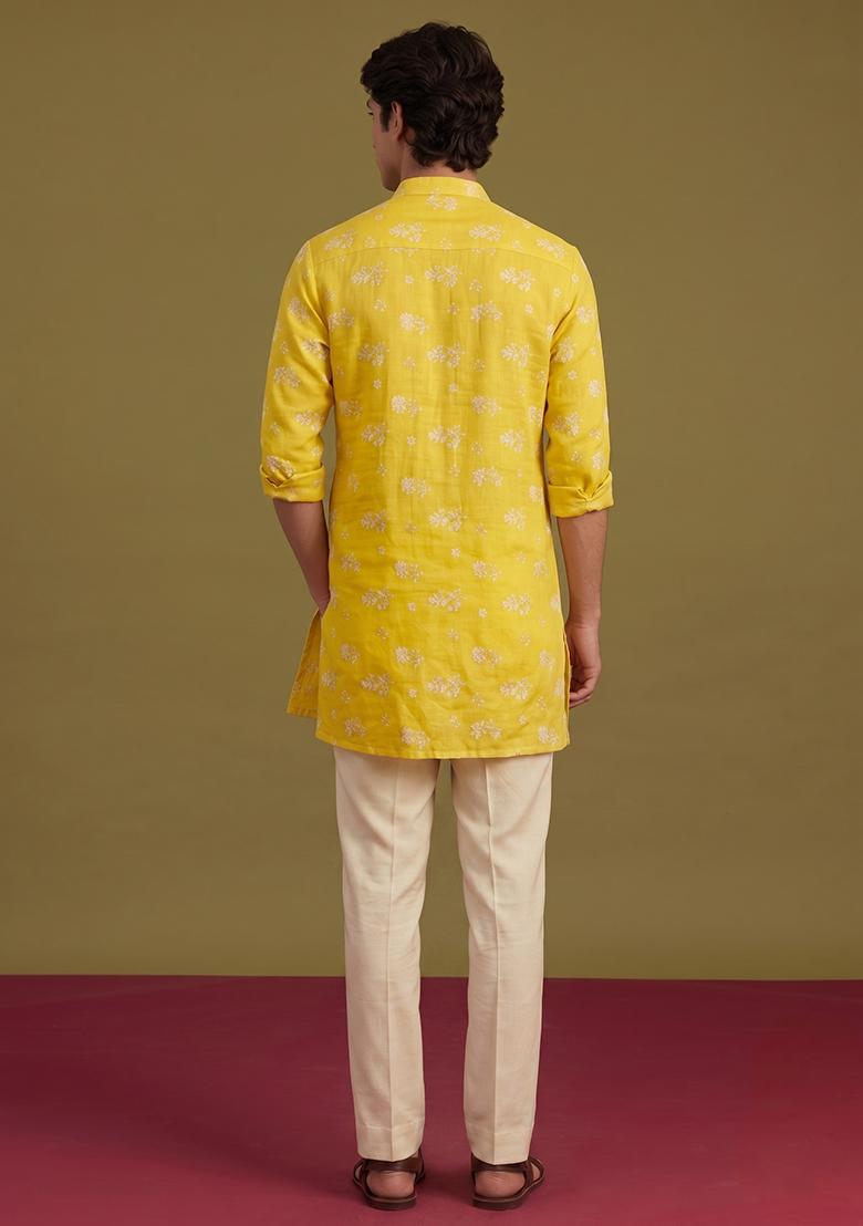 Mustard Embroidered Chanderi Kurta Set For Men - Indya