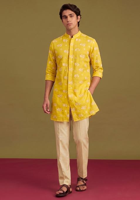 Mustard Embroidered Chanderi Kurta Set For Men
