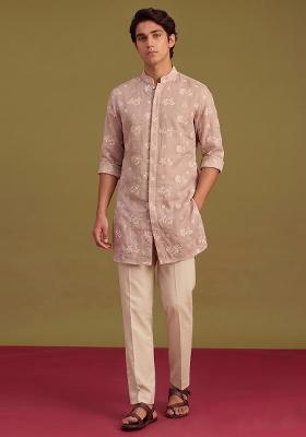Beige Embroidered Chanderi Kurta Set For Men