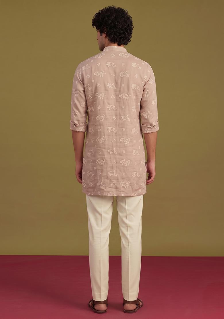 Beige Embroidered Chanderi Kurta Set For Men - Indya