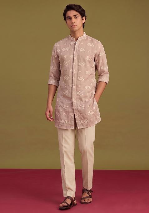 Beige Embroidered Chanderi Kurta Set For Men