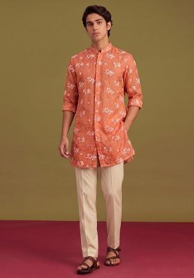 Rust Orange Embroidered Chanderi Kurta Set For Men