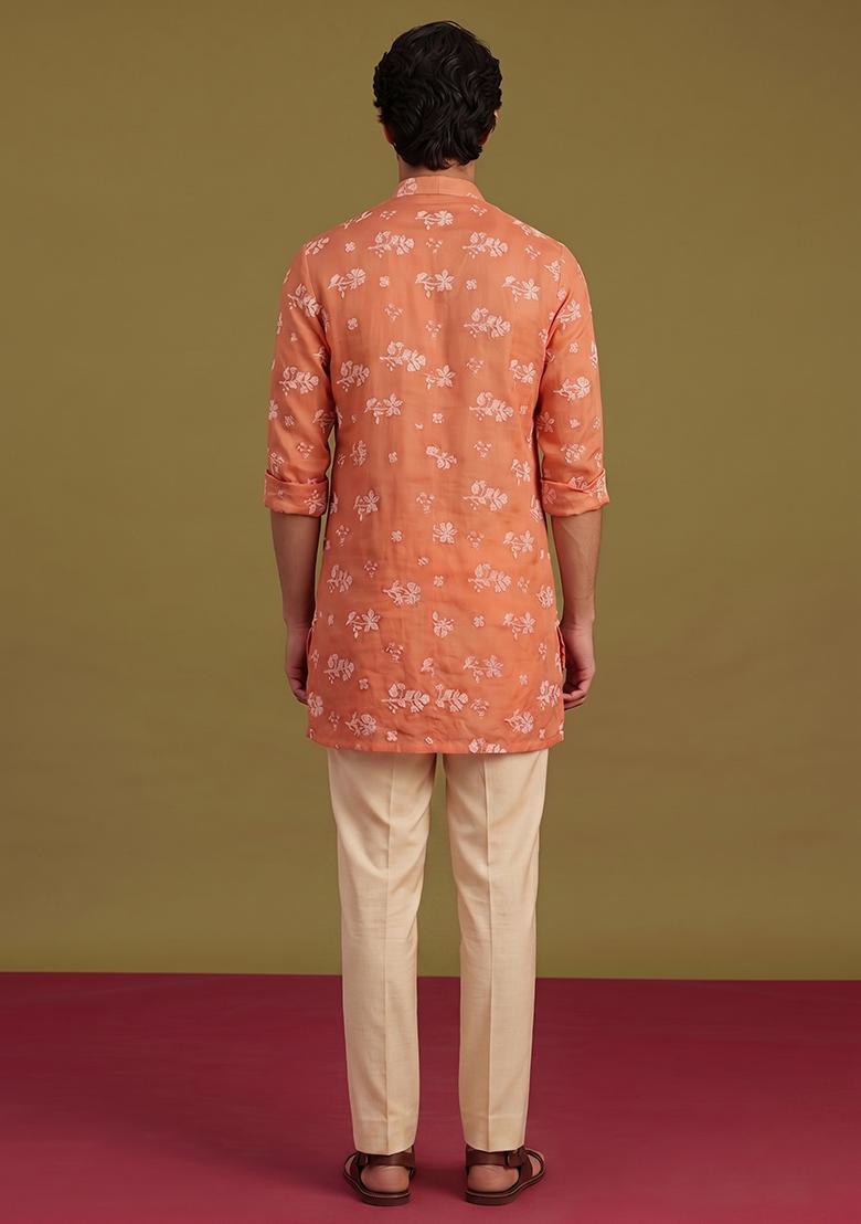 Rust Orange Embroidered Chanderi Kurta Set For Men - Indya