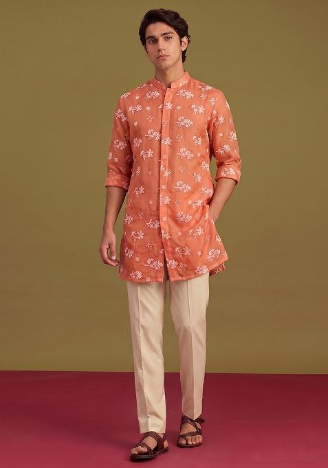 Rust Orange Embroidered Chanderi Kurta Set For Men
