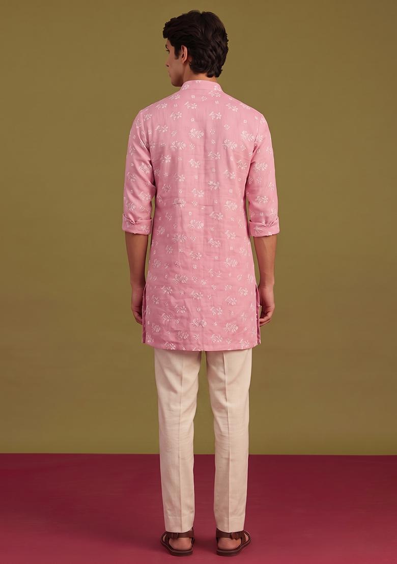 Baby Pink Embroidered Chanderi Kurta Set For Men - Indya
