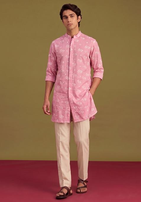 Baby Pink Embroidered Chanderi Kurta Set For Men