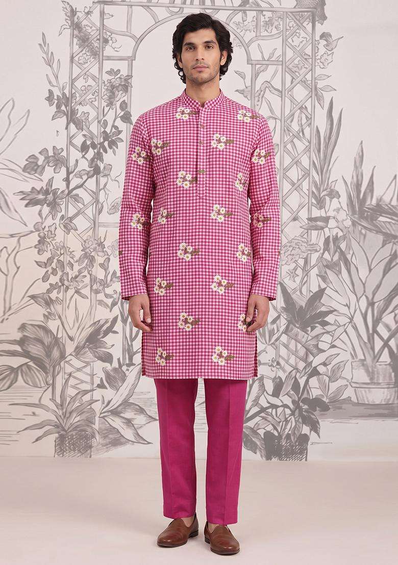 Pink Embroidered Linen Kurta Set For Men - Indya