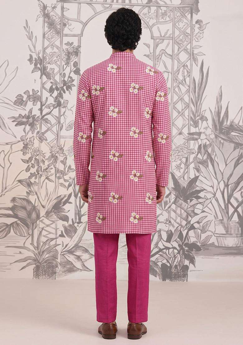 Pink Embroidered Linen Kurta Set For Men - Indya