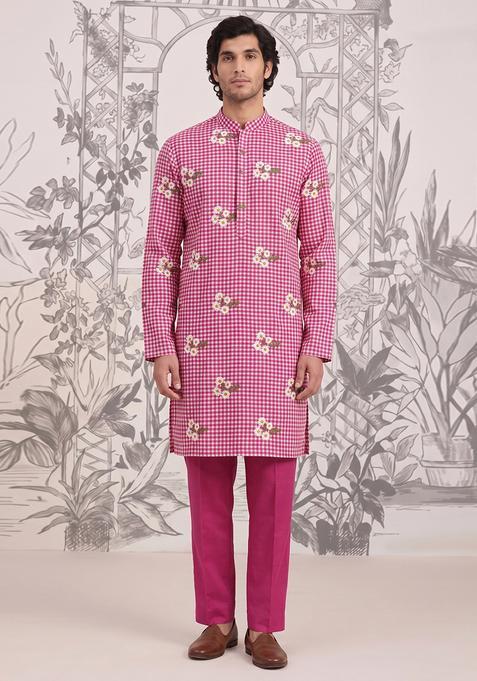 Pink Embroidered Linen Kurta Set For Men