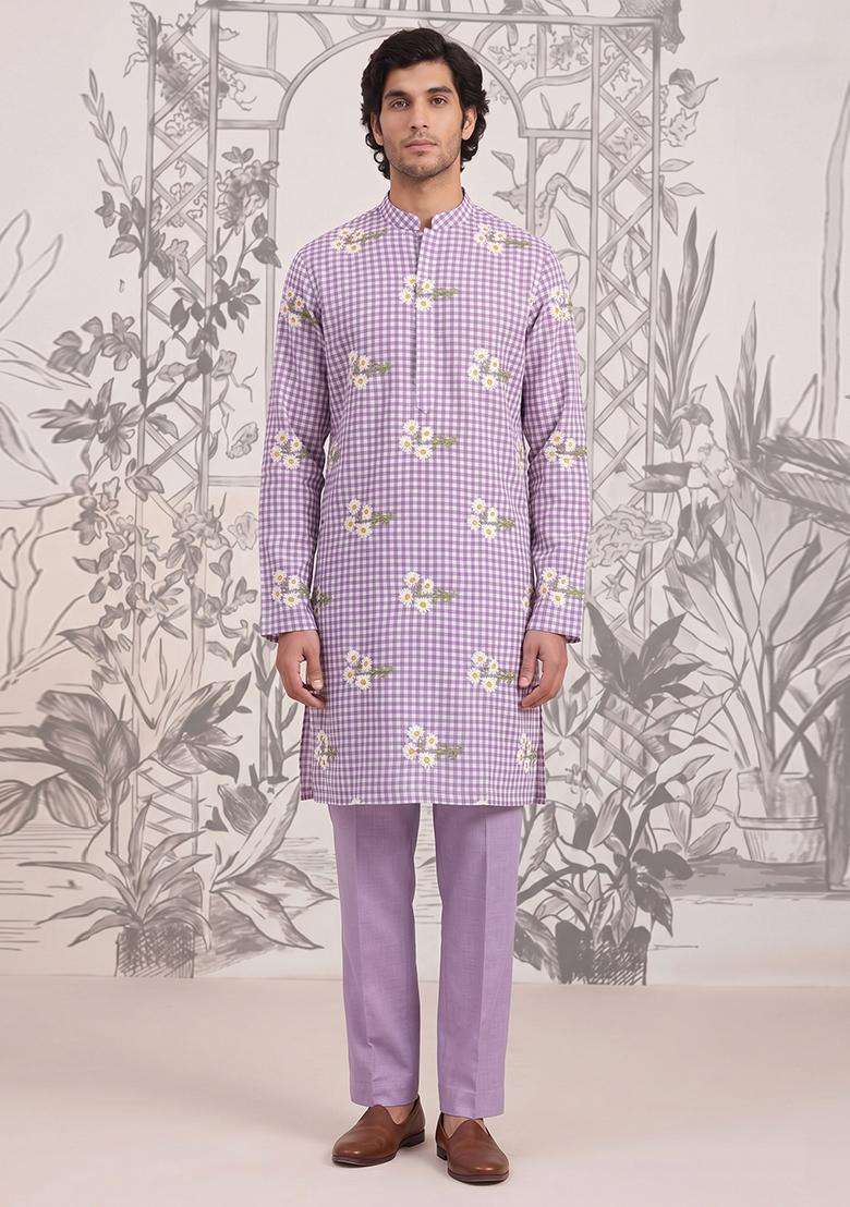 Lilac Embroidered Linen Kurta Set For Men - Indya