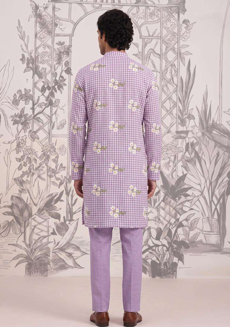 Lilac Embroidered Linen Kurta Set For Men - Indya