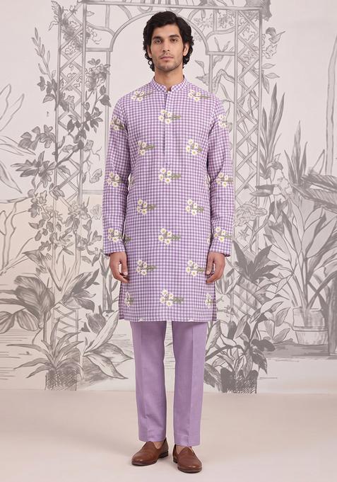 Lilac Embroidered Linen Kurta Set For Men
