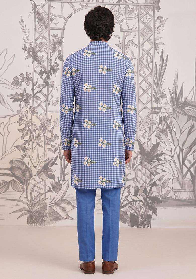 Royal Blue Embroidered Linen Kurta Set For Men - Indya