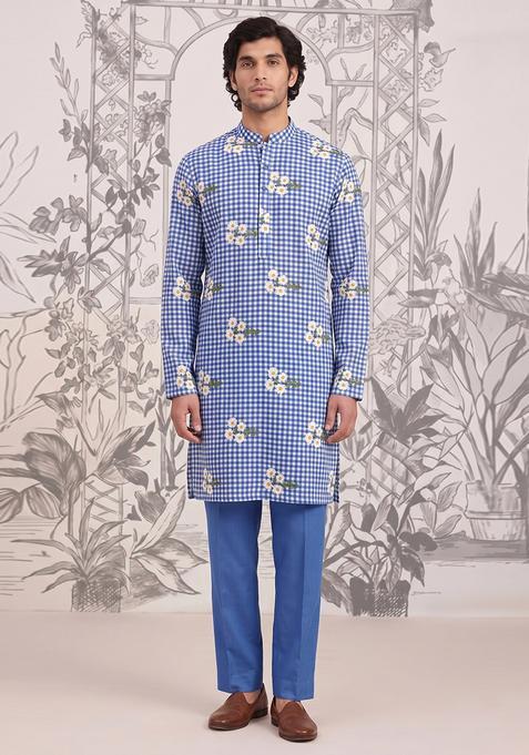 Royal Blue Embroidered Linen Kurta Set For Men