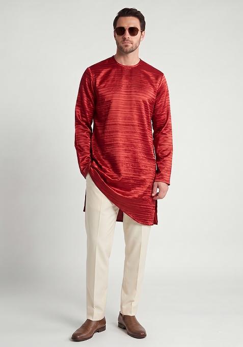 Crimson Red Solid Crepe Kurta Set For Men