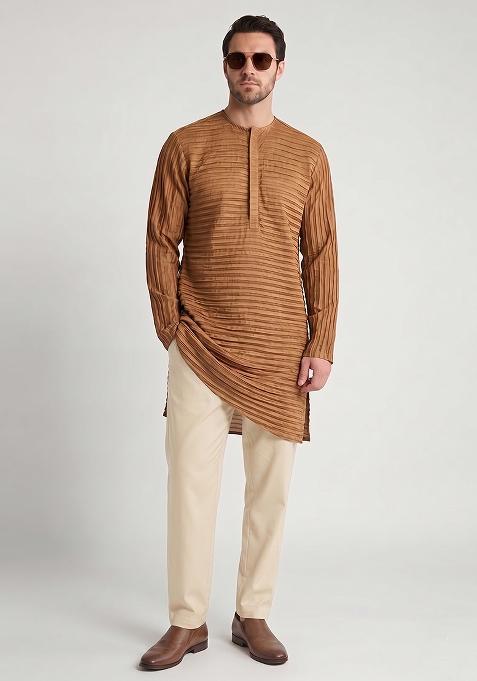 Tan Pleated Crepe Kurta Set For Men