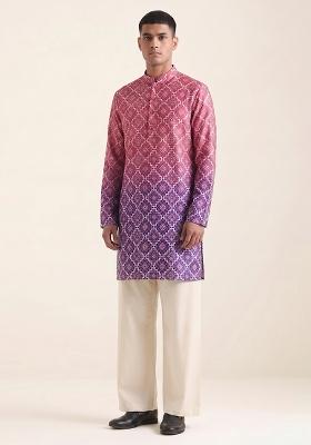Purple Printed Silk Blend Kurta Set For Men