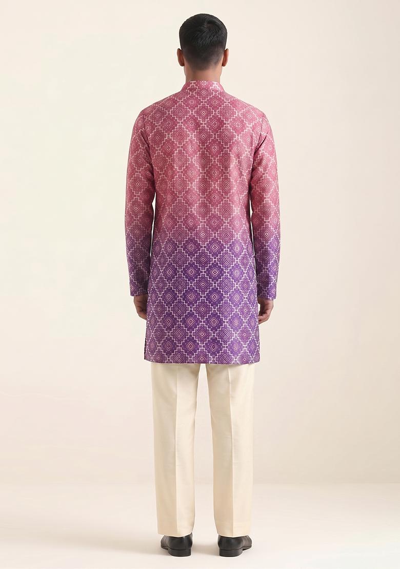 Purple Printed Silk Blend Kurta Set For Men - Indya