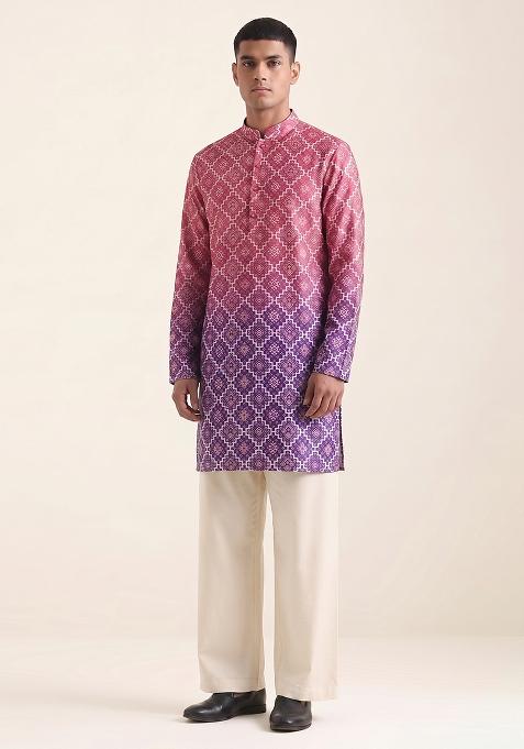 Purple Printed Silk Kurta Set For Men