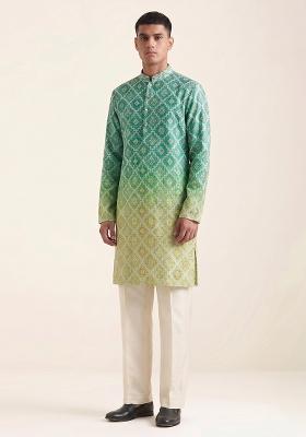 Olive Green Printed Silk Blend Kurta Set For Men