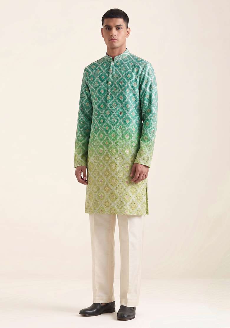 Olive Green Printed Silk Blend Kurta Set For Men - Indya