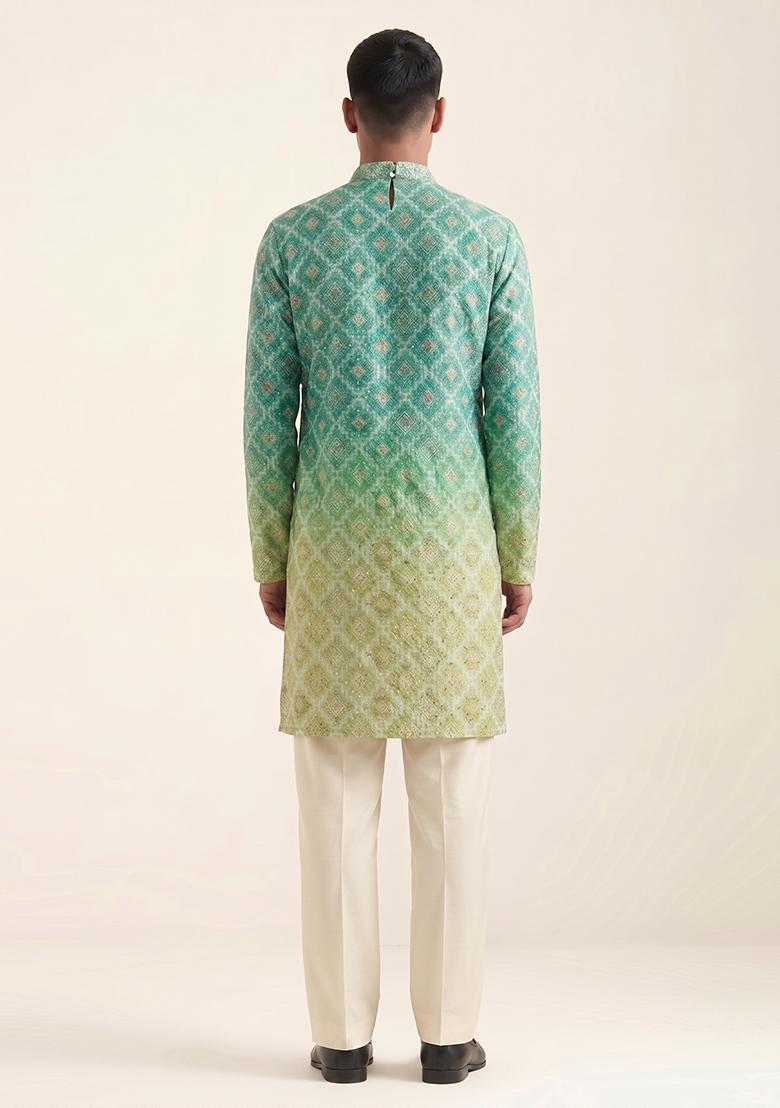 Olive Green Printed Silk Blend Kurta Set For Men - Indya