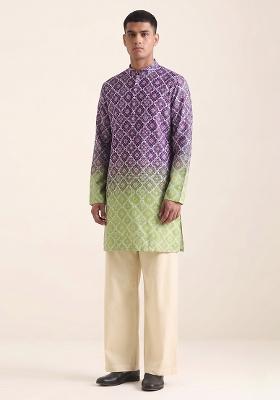 Purple Green Printed Silk Blend Kurta Set For Men