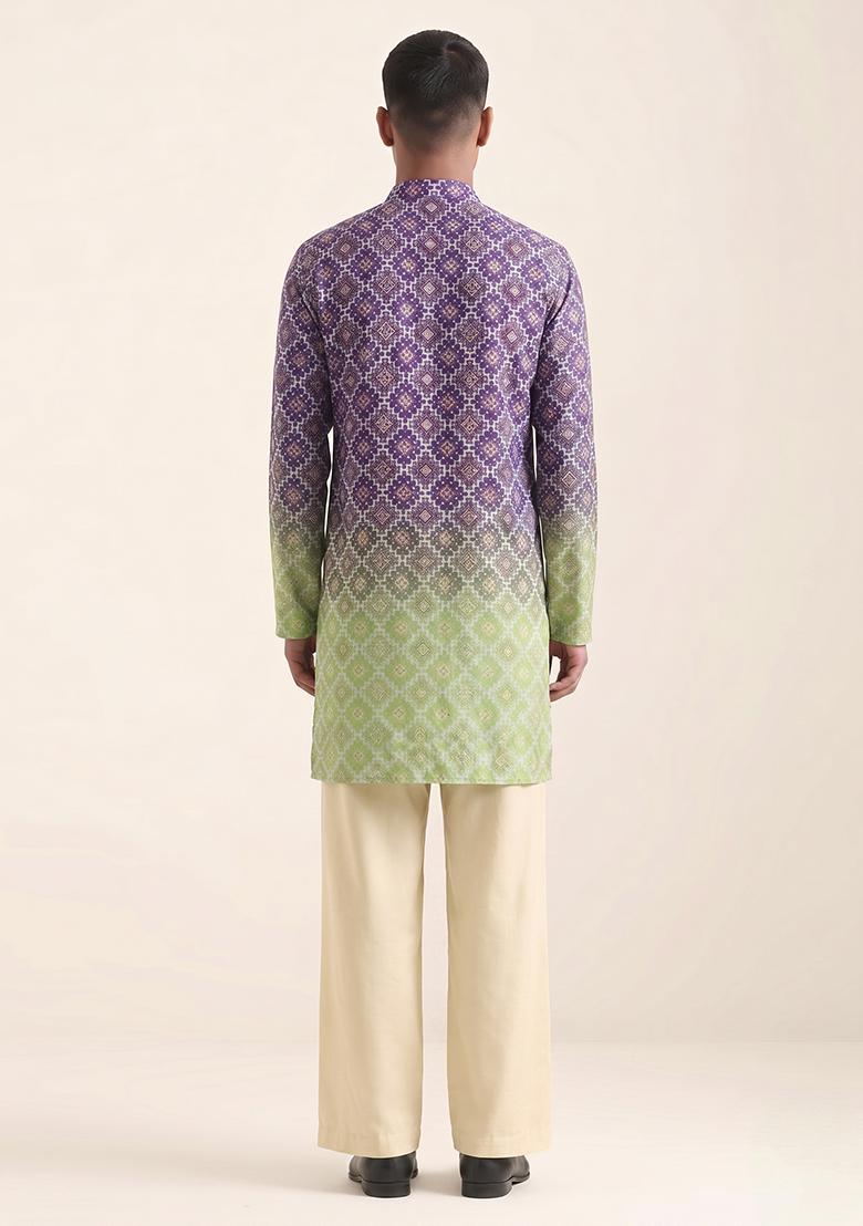 Purple Green Printed Silk Blend Kurta Set For Men - Indya