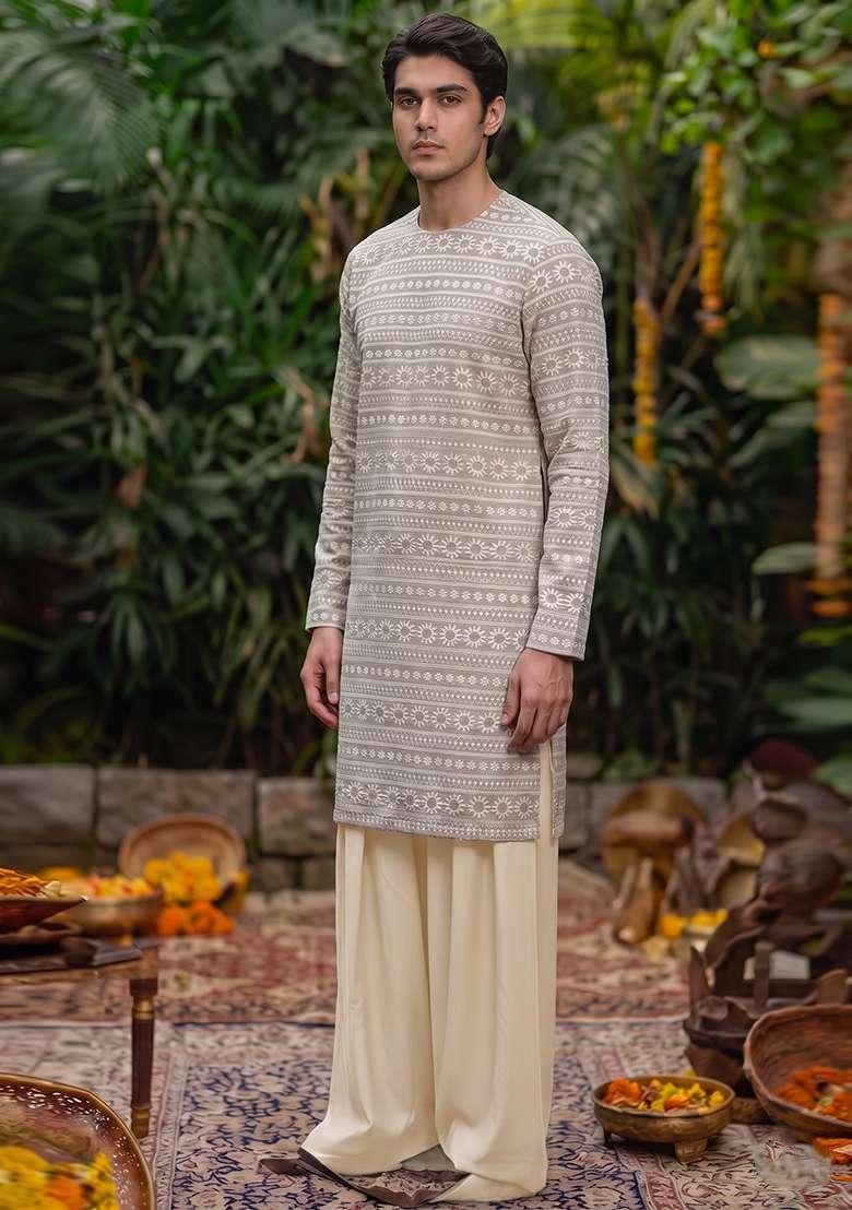 Beige Embroidered Cotton Kurta Set For Men - Indya