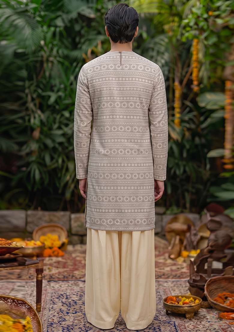 Beige Embroidered Cotton Kurta Set For Men - Indya