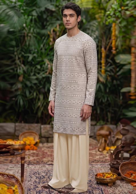 Beige Embroidered Cotton Kurta Set For Men
