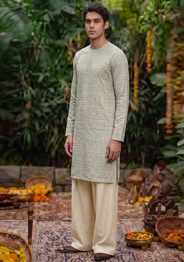 Olive Green Embroidered Cotton Kurta Set For Men - Indya