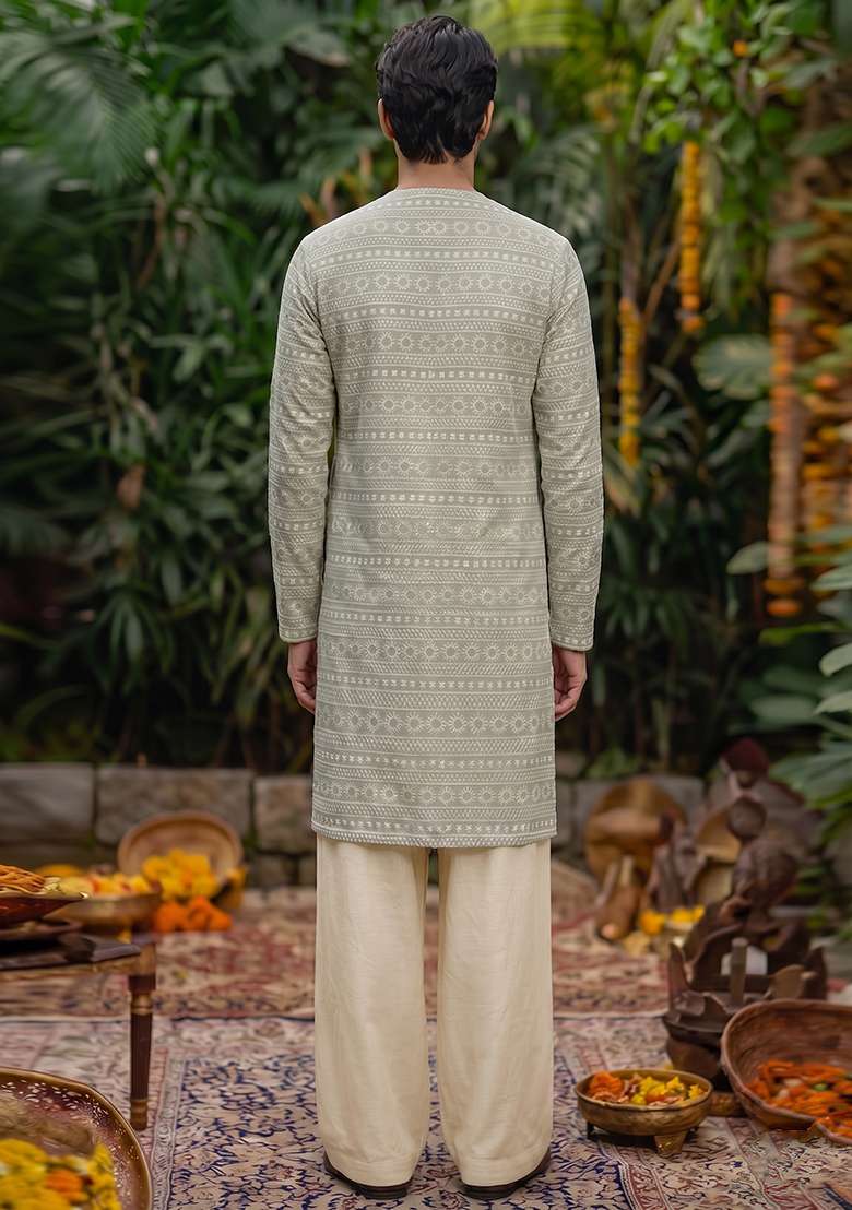 Olive Green Embroidered Cotton Kurta Set For Men - Indya