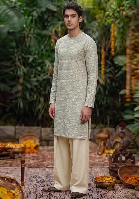 Olive Green Embroidered Cotton Kurta Set For Men