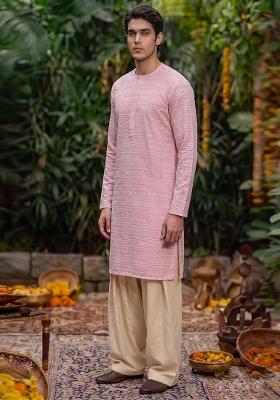 Light Pink Embroidered Cotton Kurta Set For Men