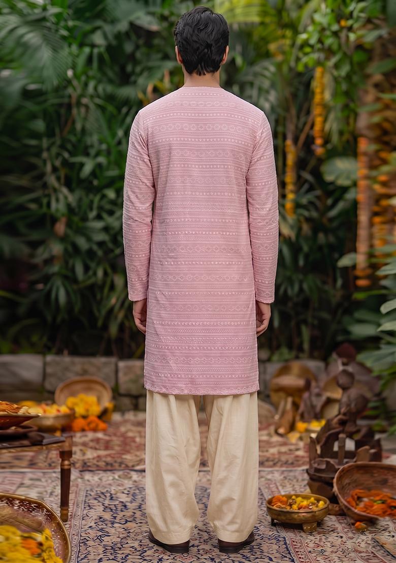 Light Pink Embroidered Cotton Kurta Set For Men - Indya