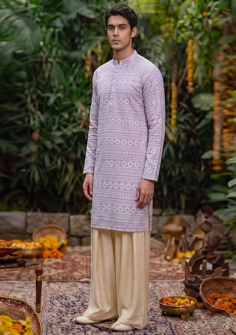 Lavender Embroidered Cotton Kurta Set For Men - Indya