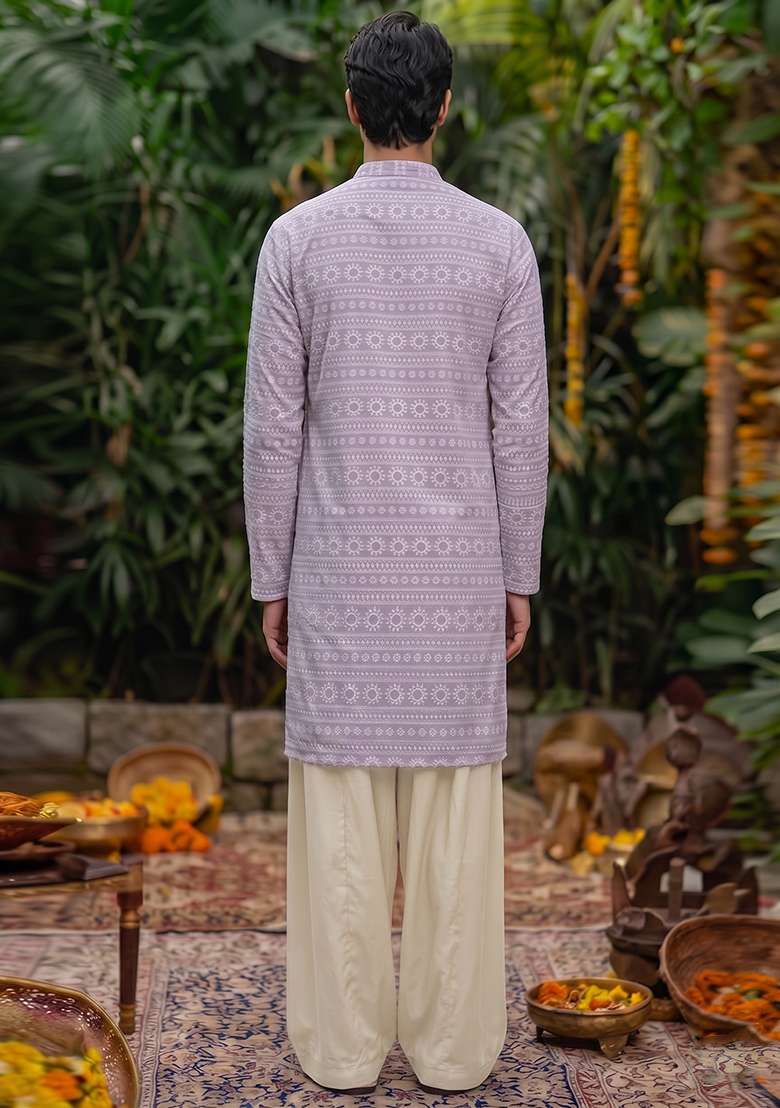 Lavender Embroidered Cotton Kurta Set For Men - Indya