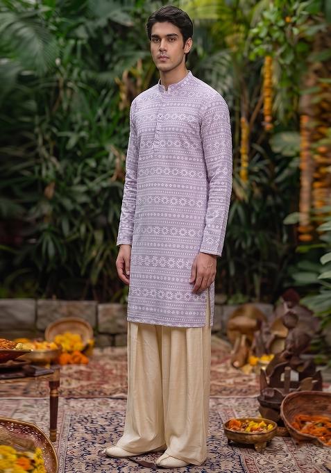 Lavender Embroidered Cotton Kurta Set For Men