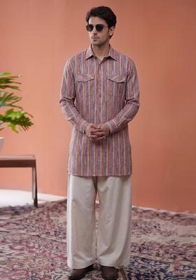Dusty Pink Printed Cotton Kurta Set For Men