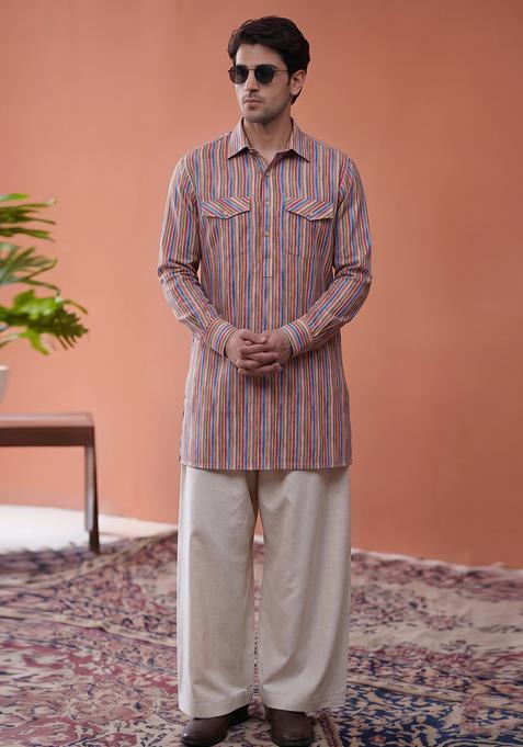 Dusty Pink Printed Cotton Kurta Set For Men