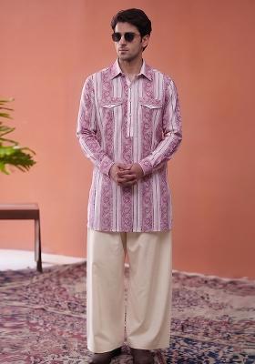 Light Pink Printed Cotton Kurta Set For Men