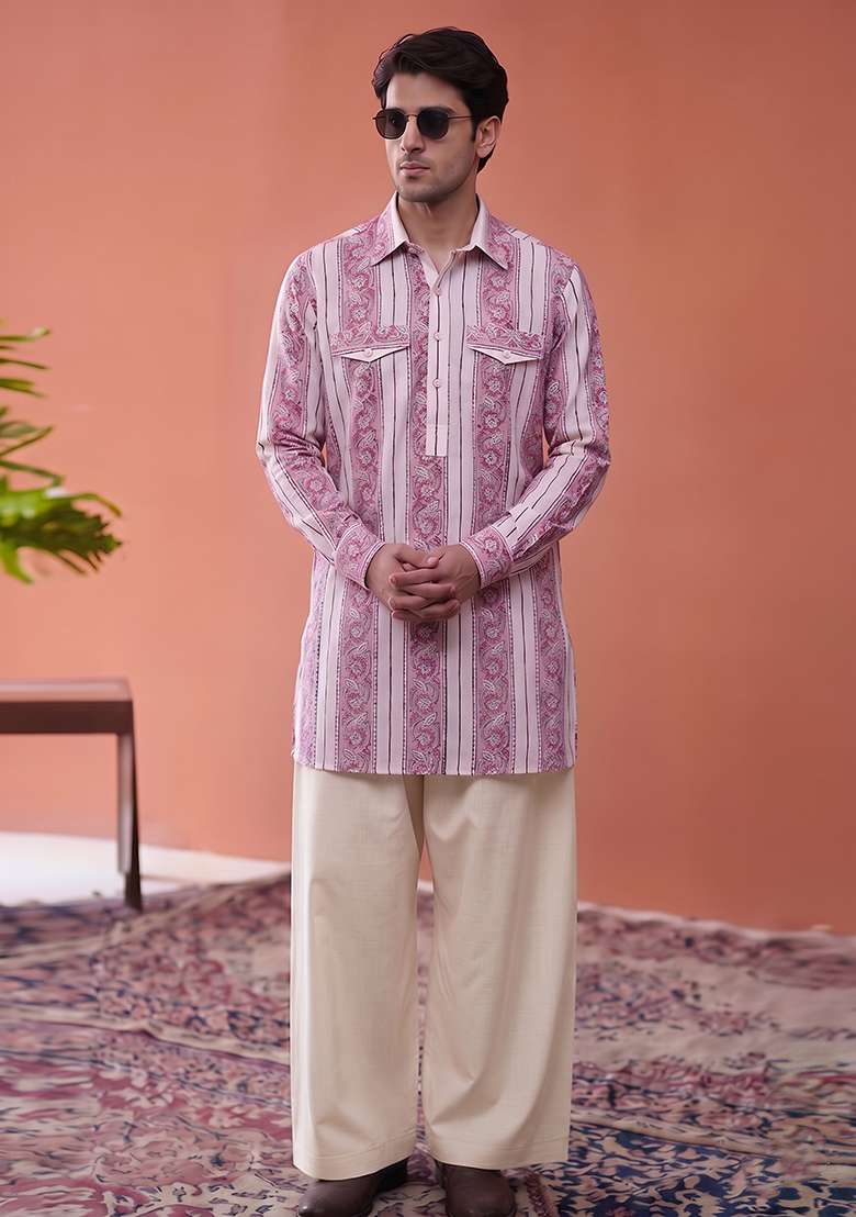 Light Pink Printed Cotton Kurta Set For Men - Indya