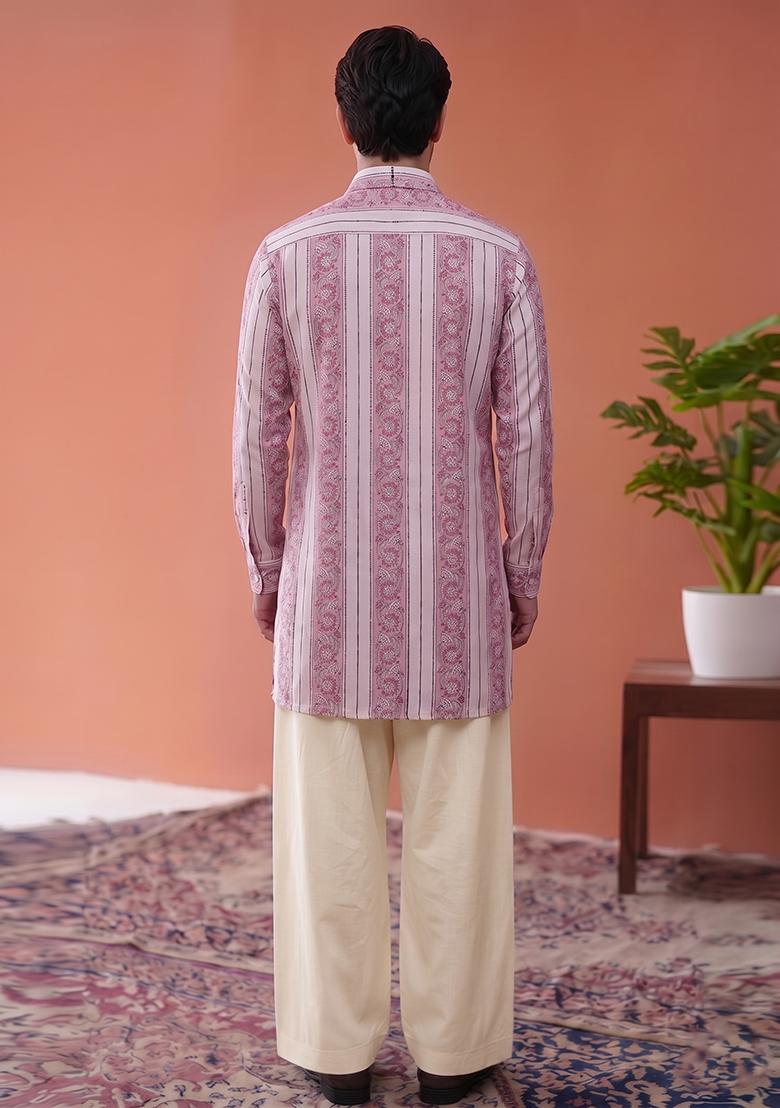 Light Pink Printed Cotton Kurta Set For Men - Indya